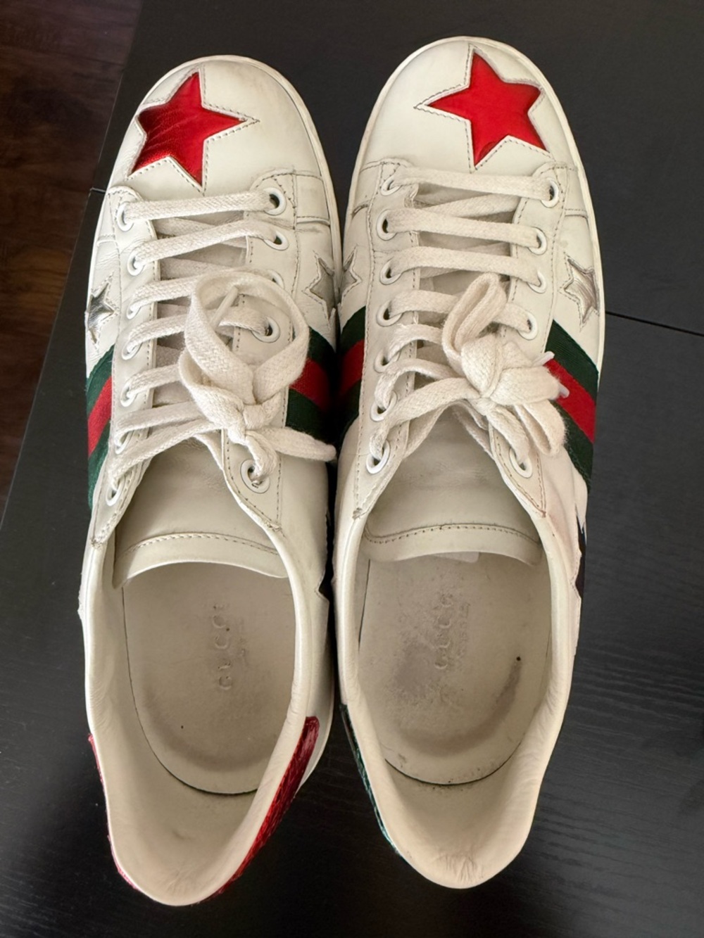 Gucci White Leather Sneakers with Red Stars and Green-Red Web - Picture 6 of 7